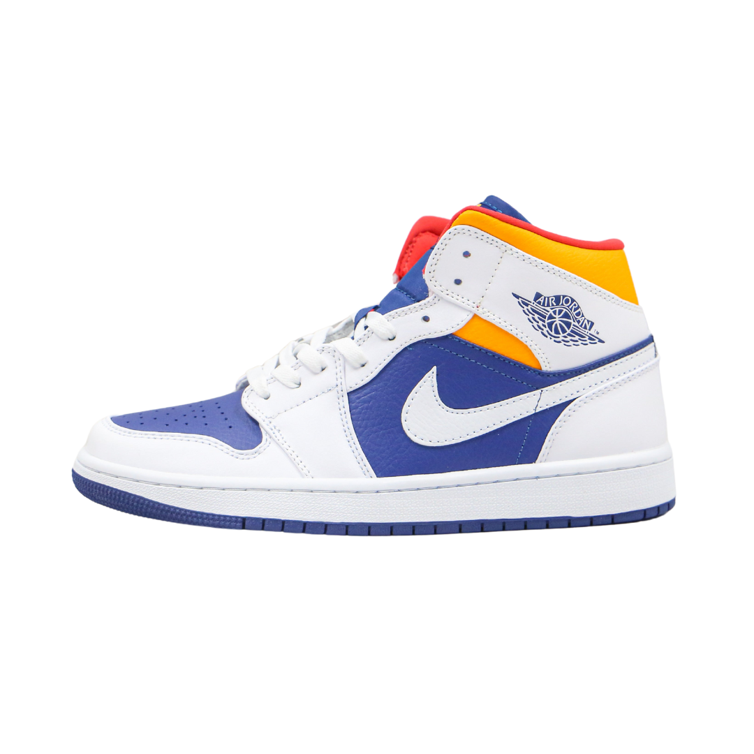 Jordan 1 Mid White Laser Orange Deep Royal Blue